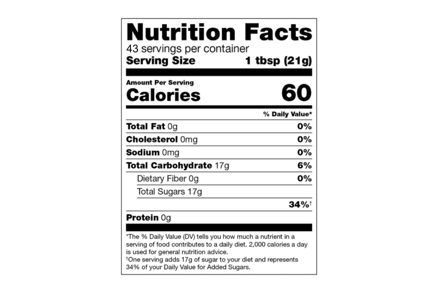 Nutrition facts for raw local honey quart jar