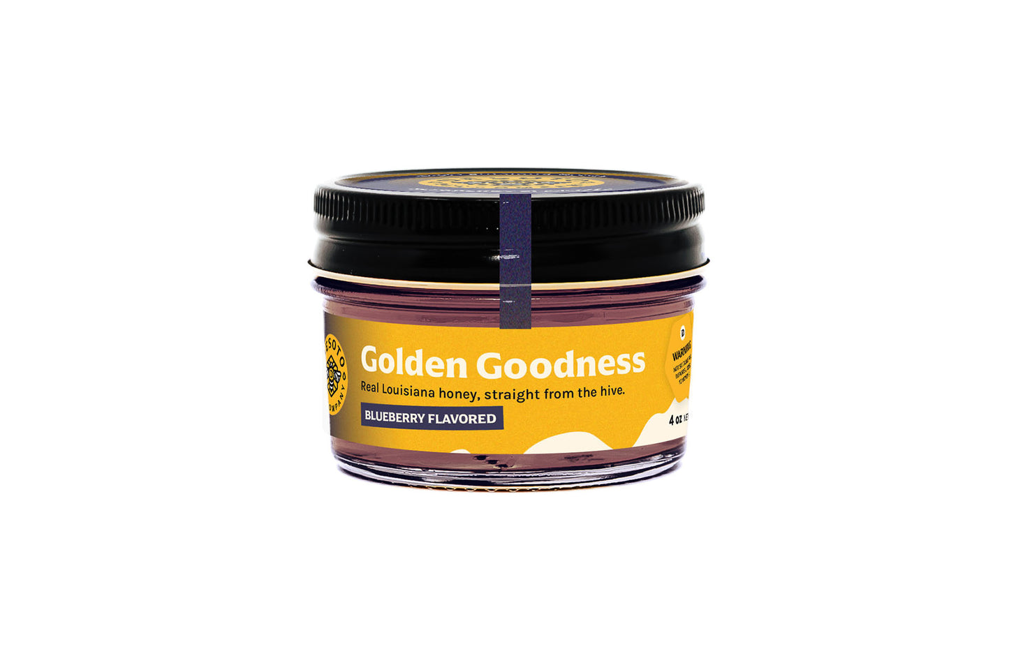 Blueberry flavored raw honey in a 4 oz quarter-pint jar