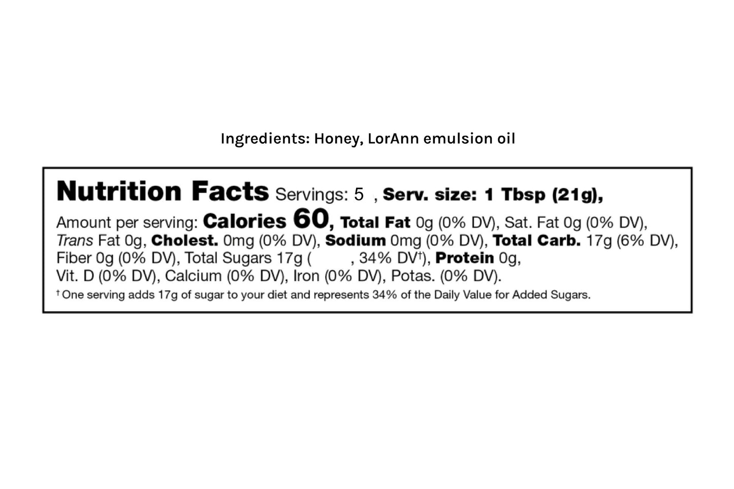 Nutrition facts label for quarter-pint flavored raw honey