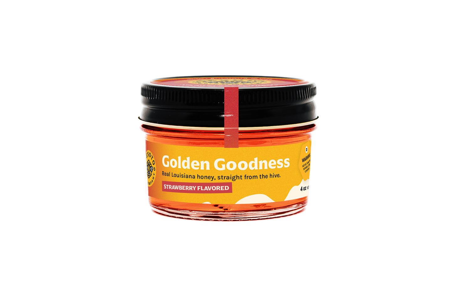 Strawberry flavored raw honey in a 4 oz quarter-pint jar