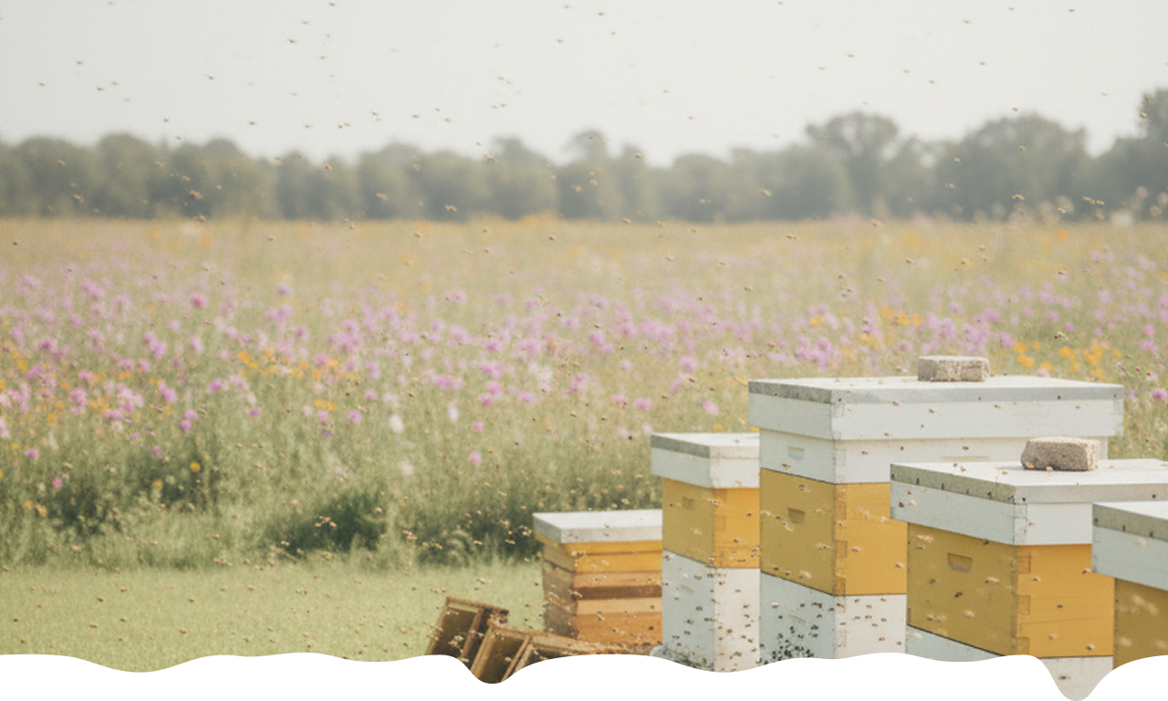 Beehives in a field at sunset